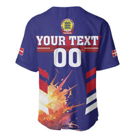 Blue football baseball jersey back, crest, 'YOUR TEXT' and '00' number graphic