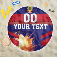 Round Denmark beach blanket with fringe, navy/red center design with 00 and "YOUR TEXT"