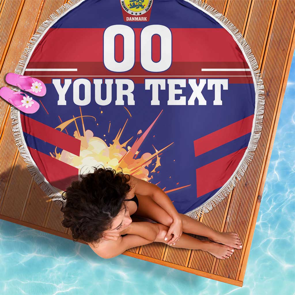 Round Denmark beach blanket with fringe, navy and red "YOUR TEXT" and Denmark crest