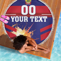 Round Denmark beach blanket with fringe, navy and red "YOUR TEXT" and Denmark crest