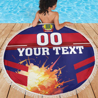 Round Denmark beach blanket with fringe, Denmark crest and navy/red graphic, 00 text