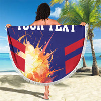 Round Denmark beach blanket with fringe, navy/red crest and "YOUR TEXT" design