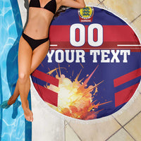 Round Denmark beach blanket with fringe, navy/red "YOUR TEXT" and 00 center print