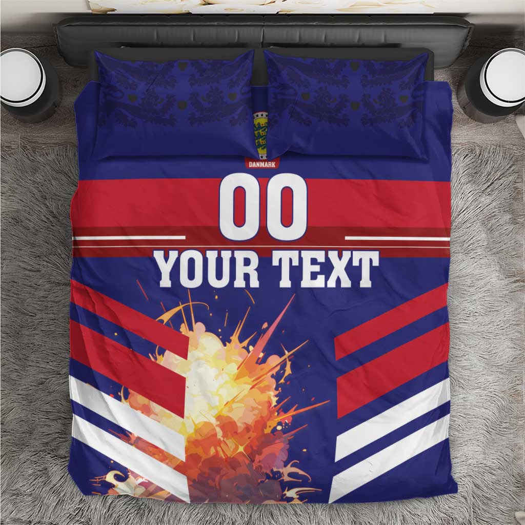 Blue and red football duvet set with 00 graphic, stripes, and two matching pillowcases