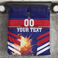 Blue and red football duvet set with 00 graphic, stripes, and two matching pillowcases