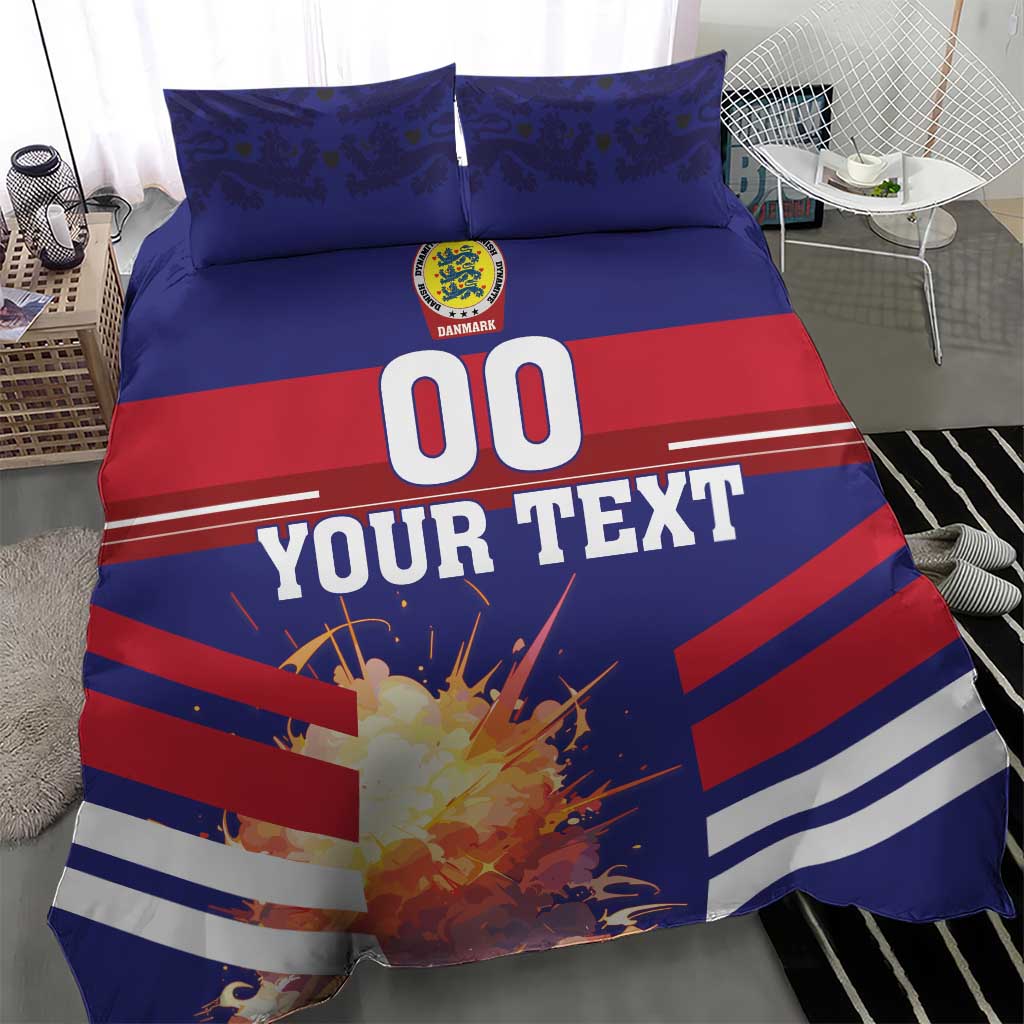 Blue and red football bedding set with 00 graphic, stripes, and matching pillowcases
