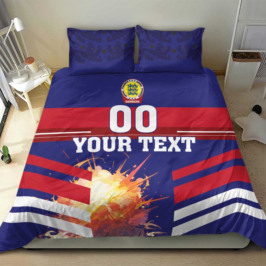 Blue and red football duvet with 00 center graphic, stripes, and two blue pillowcases