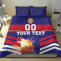 Blue and red football duvet with 00 center graphic, stripes, and two blue pillowcases