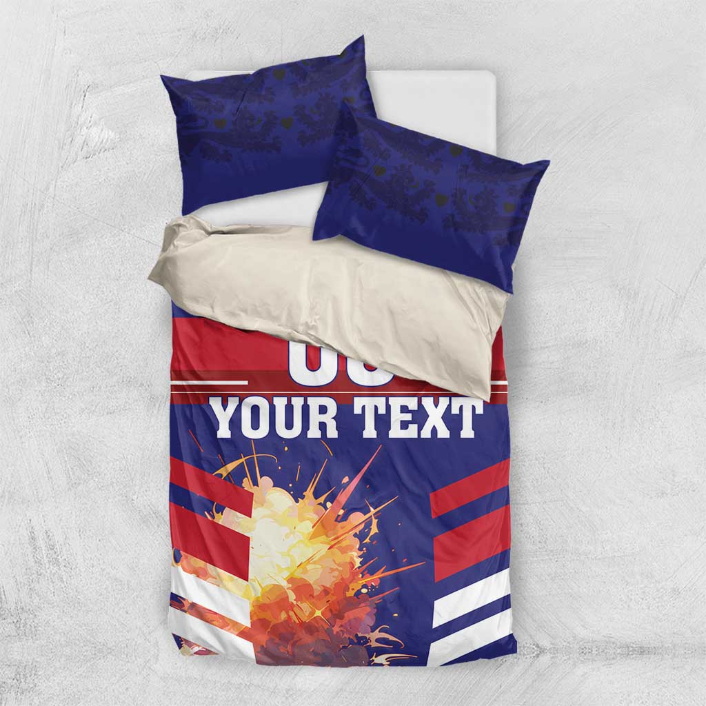 Blue and red football bedding set with 00 graphic, striped pattern, and two pillowcases