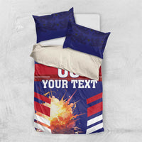 Blue and red football bedding set with 00 graphic, striped pattern, and two pillowcases