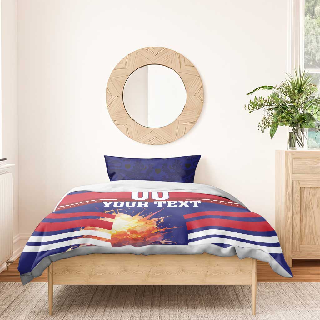 Blue and red football bedding set with 00 graphic, stripes, and pillowcase set on bed