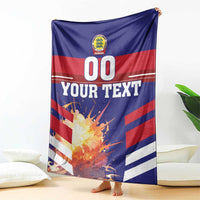 Denmark football blanket draped over floor, blue-red-white stripes with 00 and Your Text