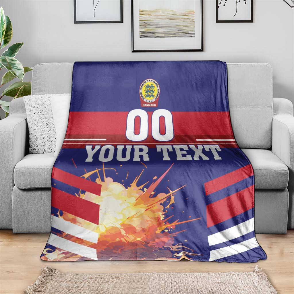 Denmark flag football blanket on sofa, blue-red-white stripes with 00 and Your Text
