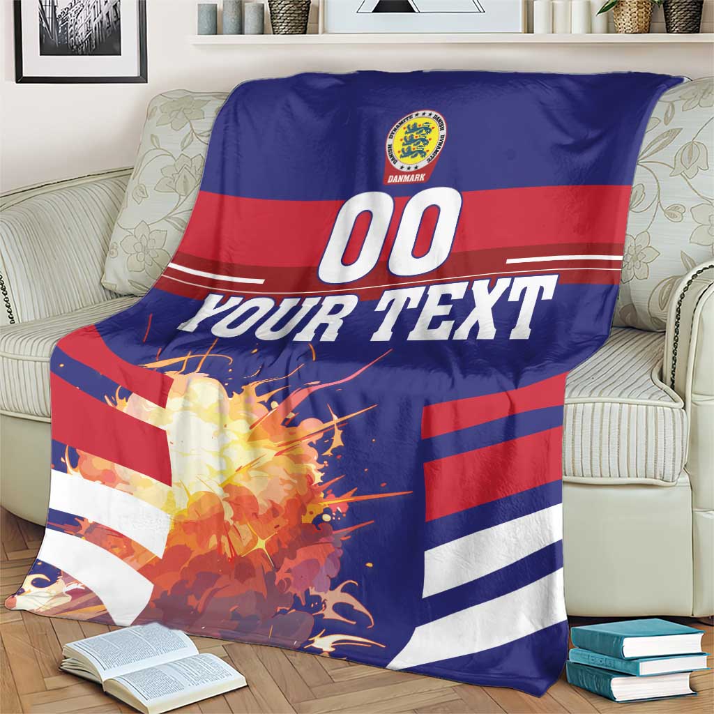 Denmark football blanket on armchair, blue-red-white stripes with 00 and Your Text