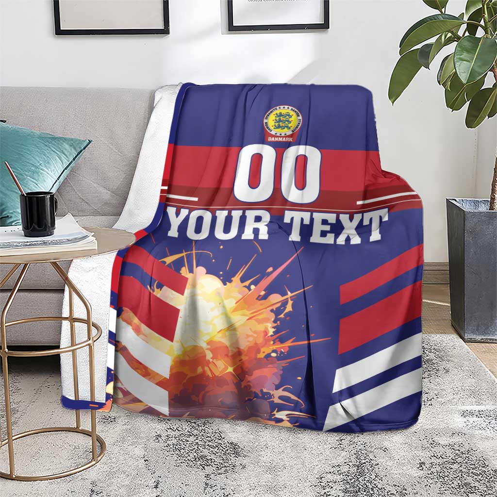 Denmark football blanket on couch, blue-red-white stripes with 00 and Your Text