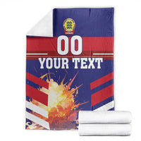 Denmark football blanket in blue-red-white stripes, 00 and Your Text with folded rolls