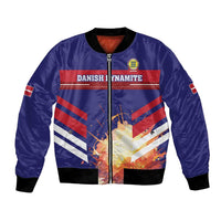 Blue bomber jacket with full-zip front, ribbed cuffs, and Danish flag graphic patch