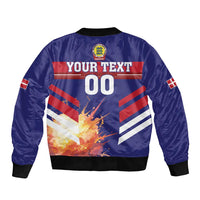 Blue bomber jacket back view with ribbed collar, full-zip, and Danish flag burst print