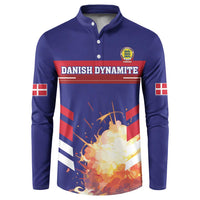 Blue football button sweatshirt with Danish flags, crest, and Danish Dynamite graphic