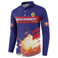 Blue football button sweatshirt with crest and large Danish Dynamite front graphic