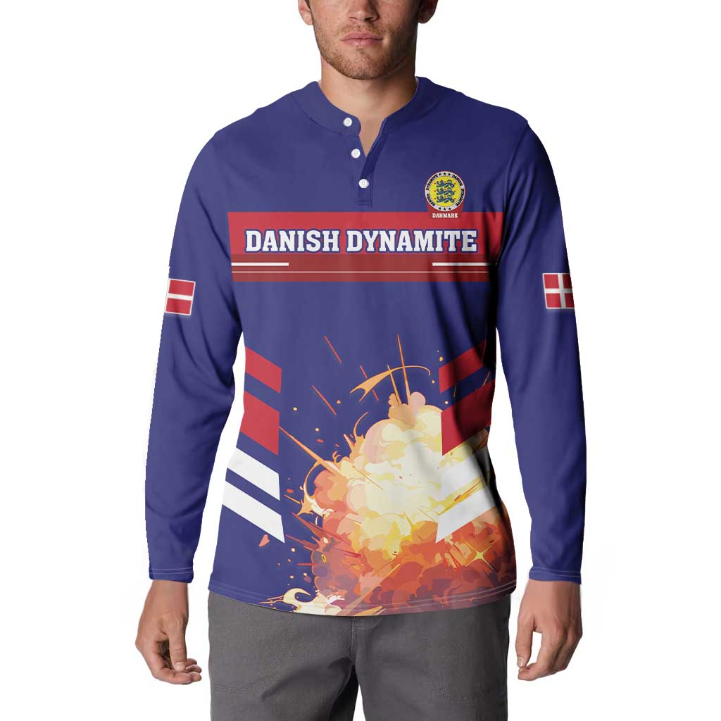 Blue football button sweatshirt worn by model, crest, Danish flags, and front graphic