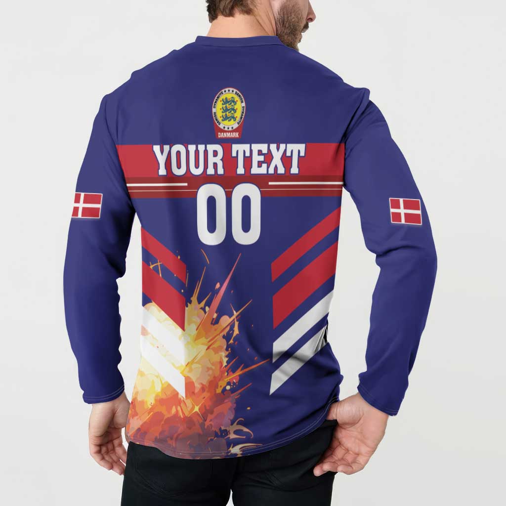 Blue football button sweatshirt back on model with crest and 'YOUR TEXT 00' design
