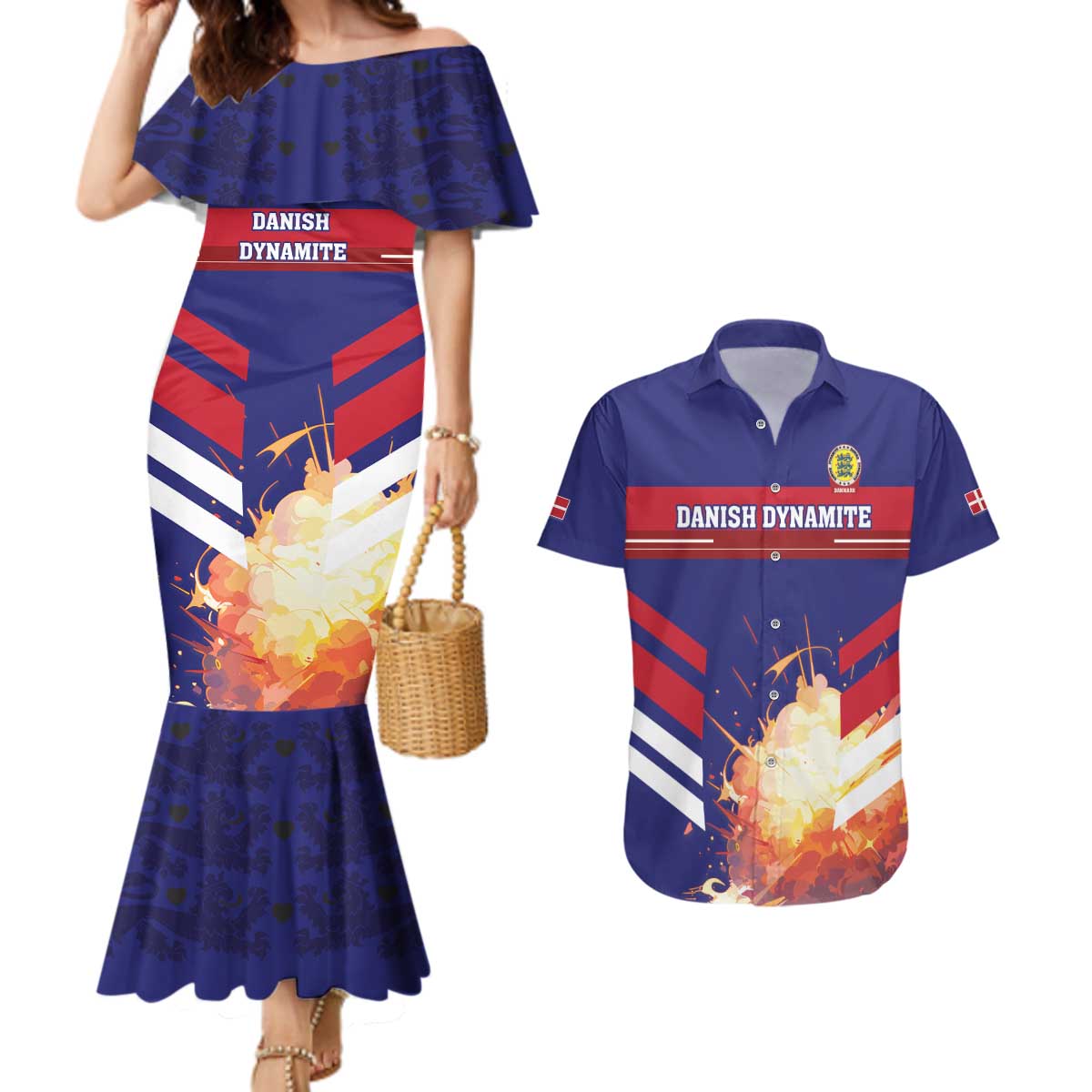 Custom Denmark Football Couples Matching Mermaid Dress and Hawaiian Shirt Come On Danish Dynamite - Wonder Print Shop