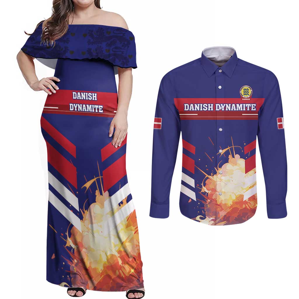 Custom Denmark Football Couples Matching Off Shoulder Maxi Dress and Long Sleeve Button Shirt Come On Danish Dynamite - Wonder Print Shop