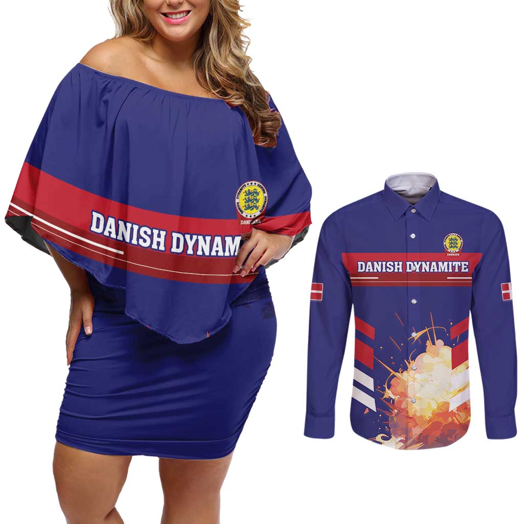 Custom Denmark Football Couples Matching Off Shoulder Short Dress and Long Sleeve Button Shirt Come On Danish Dynamite - Wonder Print Shop