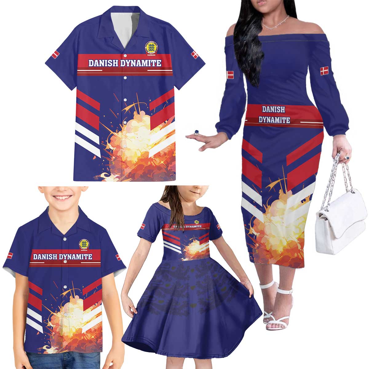 Custom Denmark Football Family Matching Off The Shoulder Long Sleeve Dress and Hawaiian Shirt Come On Danish Dynamite - Wonder Print Shop