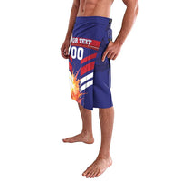 Men's blue football shorts with elastic waistband, red stripe text and number 00
