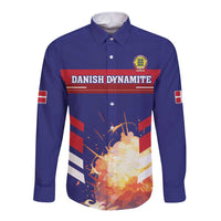 Blue long-sleeve button football shirt with front graphic, stripes, and crest