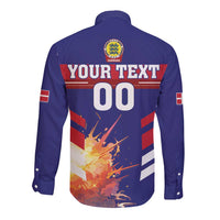 Blue long-sleeve button football shirt with back graphic, bold number, and crest