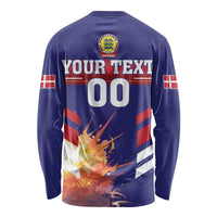 Blue football long-sleeve jersey with Danish stripe panels and back “YOUR TEXT” “00”