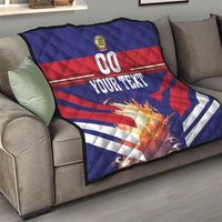 Denmark football quilt draped on sofa, crest badge and '00 YOUR TEXT' flag design