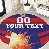 Round football rug, blue/red with Denmark crest, 'YOUR TEXT' and '00' design