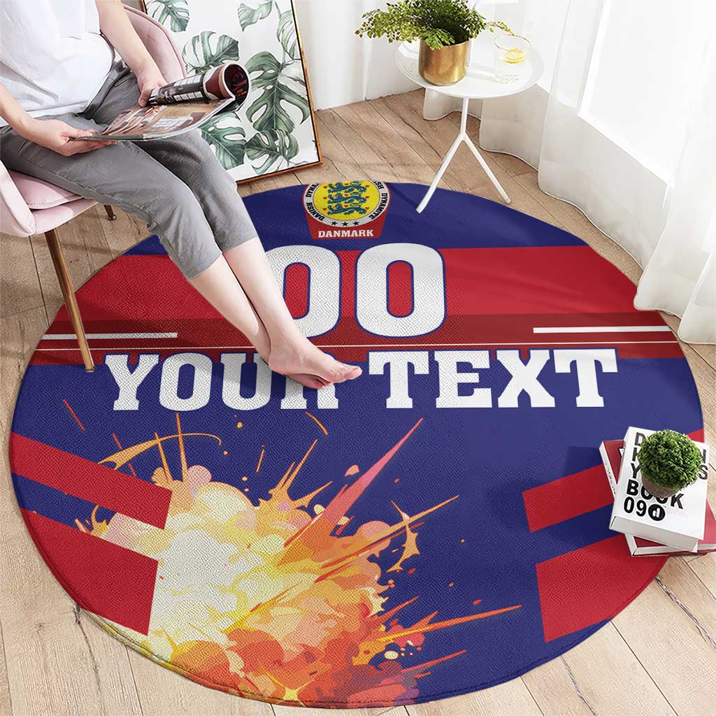 Round football rug with blue/red stripes, Denmark crest, 'YOUR TEXT' and '00' graphics