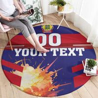 Round football rug with blue/red stripes, Denmark crest, 'YOUR TEXT' and '00' graphics