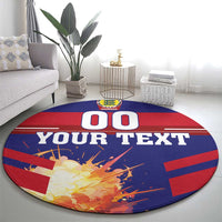 Round football rug with blue/red design, Denmark crest, 'YOUR TEXT' and '00' lettering