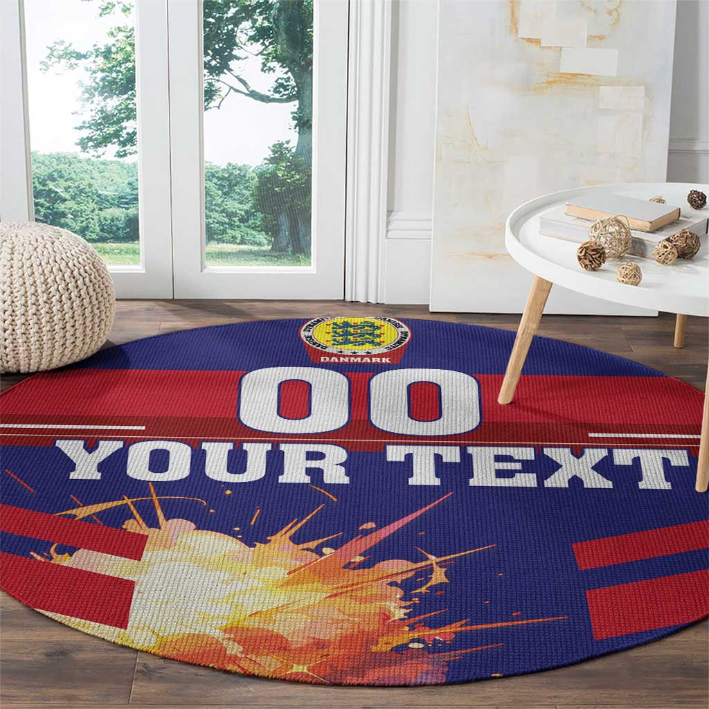 Round football rug, blue and red with Denmark crest and 'YOUR TEXT' over '00' backdrop