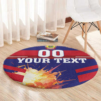 Round football rug with blue/red center, Denmark crest, 'YOUR TEXT' and '00' print