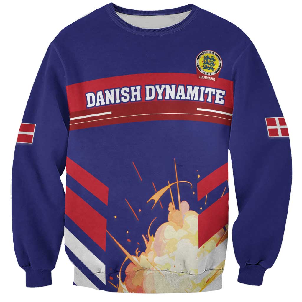 Blue crewneck football sweatshirt with Danish Dynamite graphic and Denmark crest