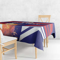Blue and red flag-style striped tablecloth draped over a dining table edge