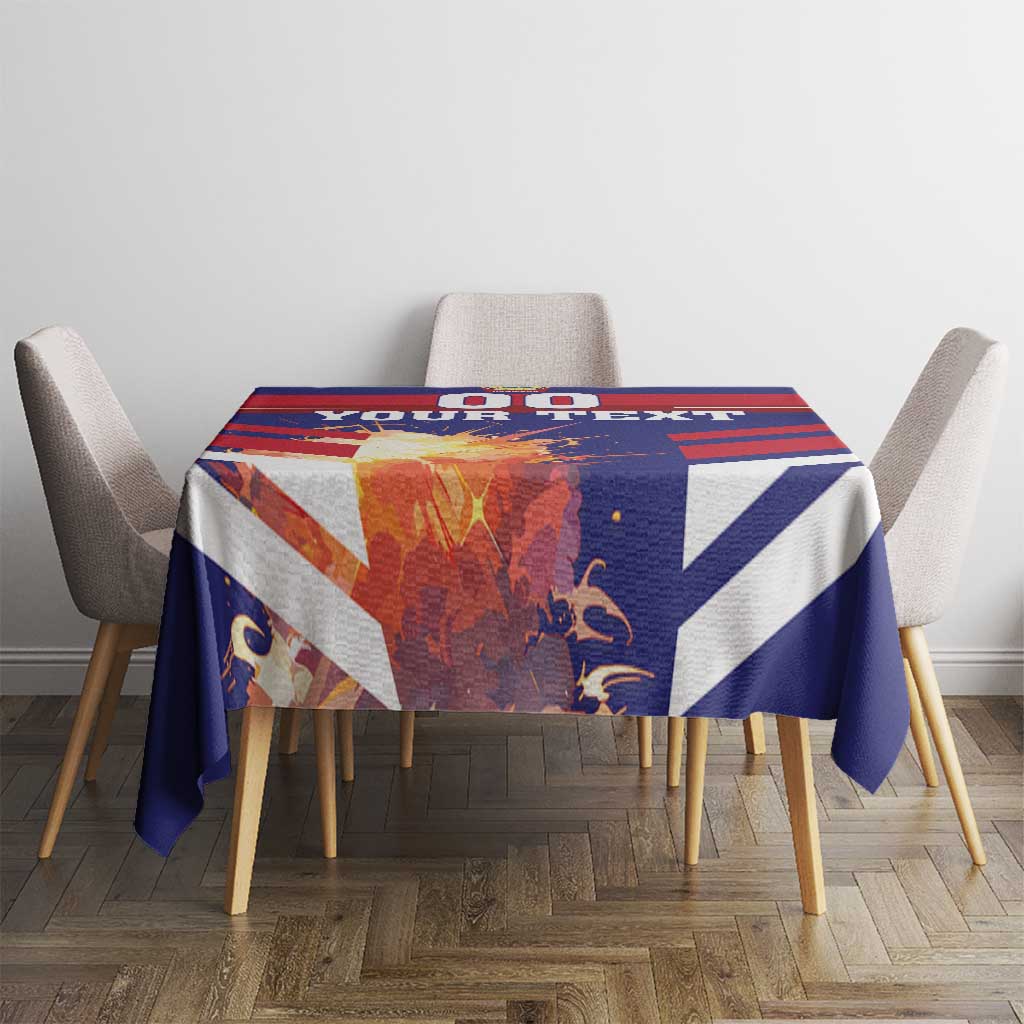 Blue and red striped tablecloth with emblem and custom text on a square table