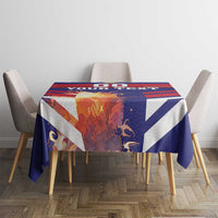Blue and red striped tablecloth with emblem and custom text on a square table