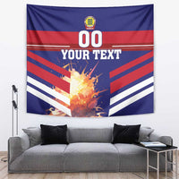 Football tapestry wall hanging with burst artwork beneath 'YOUR TEXT' on navy and red