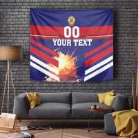 Football tapestry featuring blue, red, and white flag colors, '00' crest, and 'YOUR TEXT'
