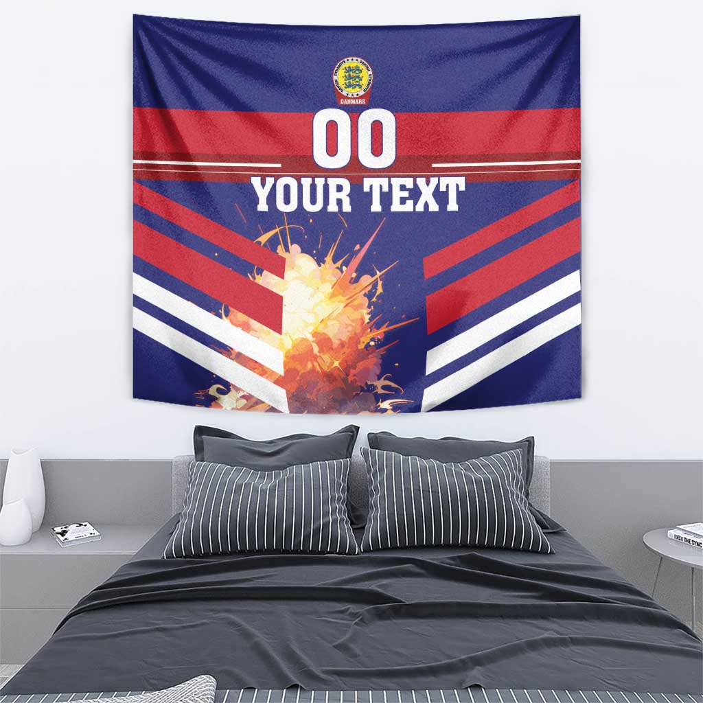 Football-themed tapestry wall hanging with blue, red, white stripes and 'YOUR TEXT' banner
