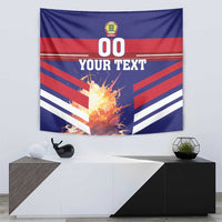 Football tapestry with Danish flag-style stripes, '00' header, and 'YOUR TEXT' lettering