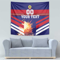 Football tapestry wall hanging in blue, red, and white with '00' and 'YOUR TEXT'